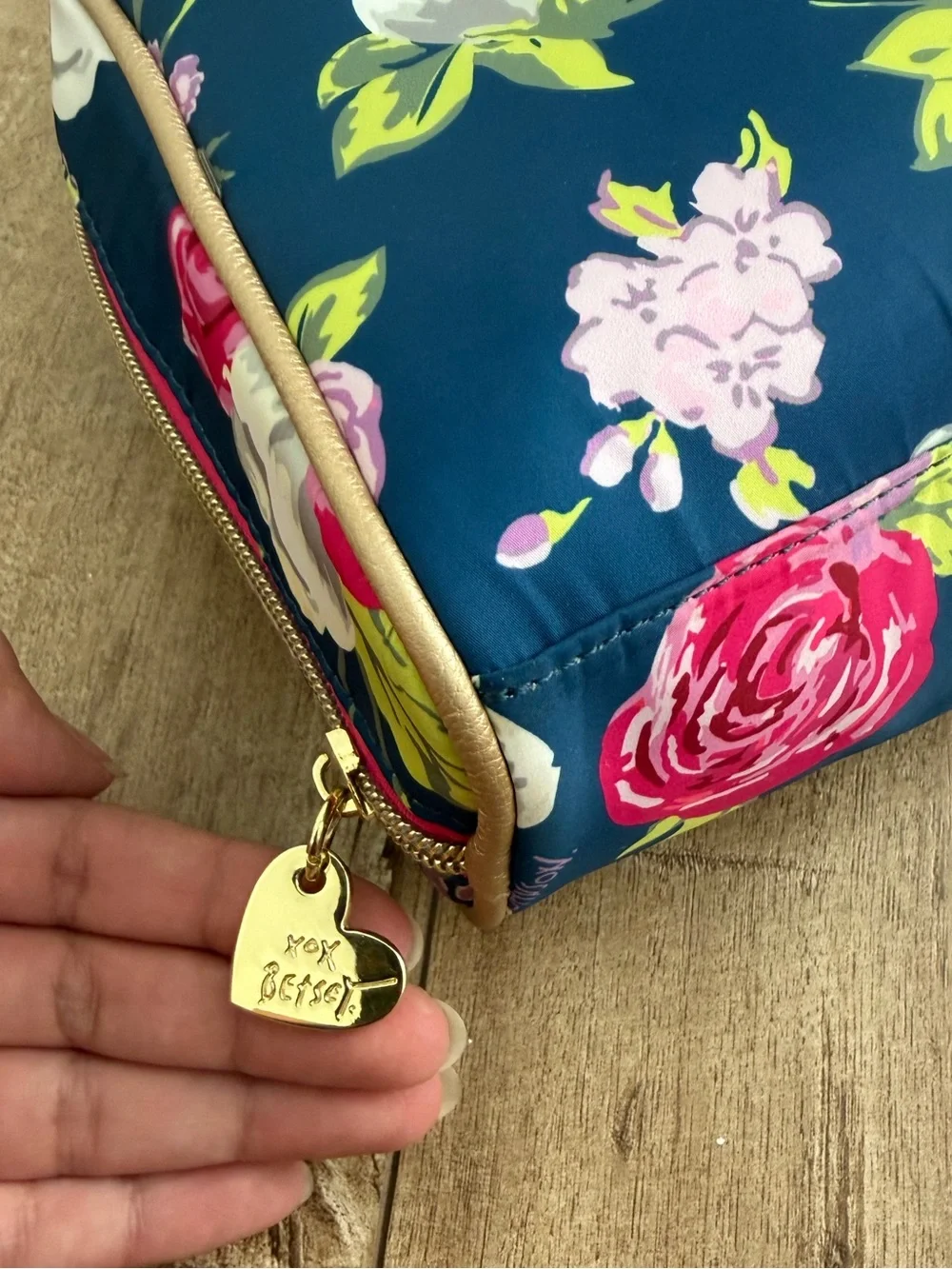 Betsey Johnson Floral Navy Cosmetic Bag with Pink Rose Print